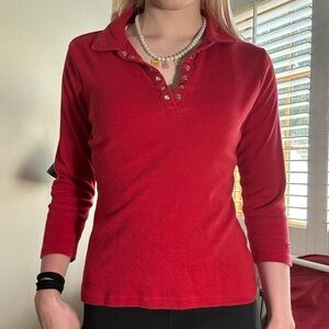 Y2K Red Tommy Hilfiger Button Collar Polo Top – Size M